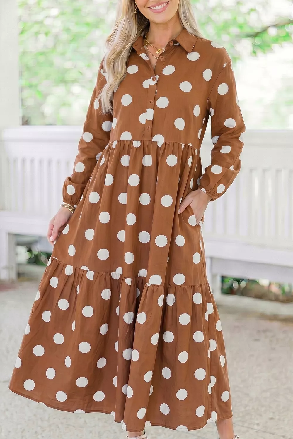 Polka Dot Button Front Long Sleeve Shift Dress, image 2