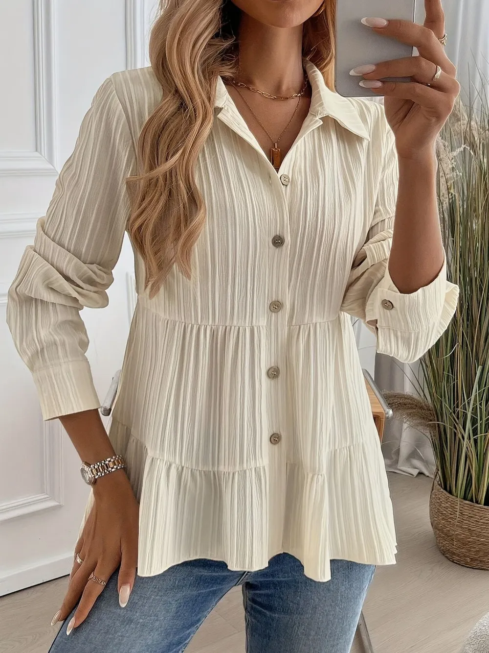 Striped Button-Down Tiered Shirt