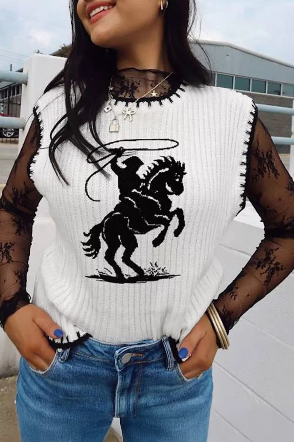 Contrast Trim Round Neck Rodeo Cowboy Sweater Vest, image 2