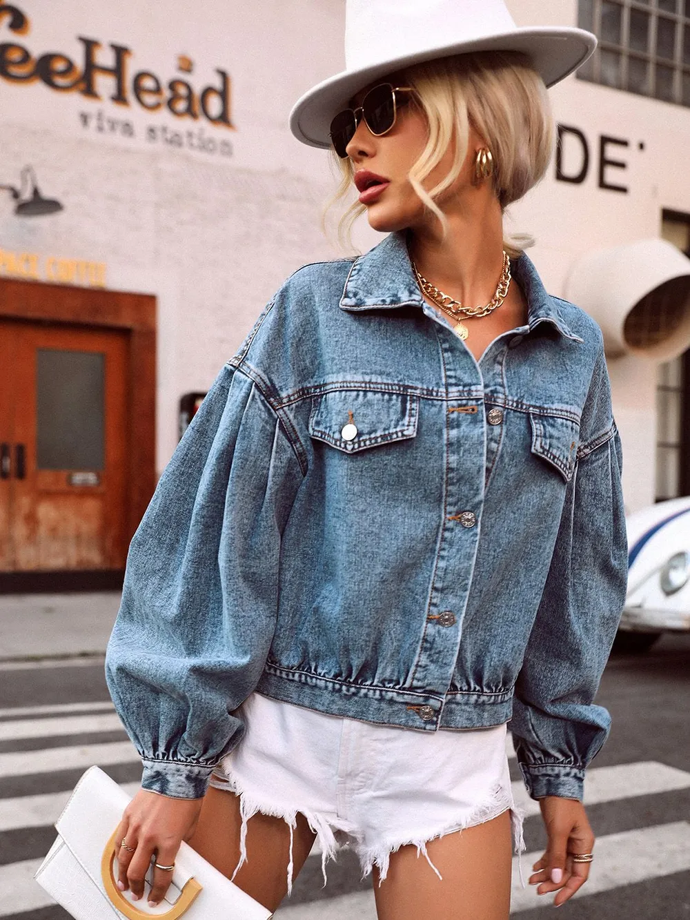 Collared Neck Dropped Shoulder Denim Top, image 6