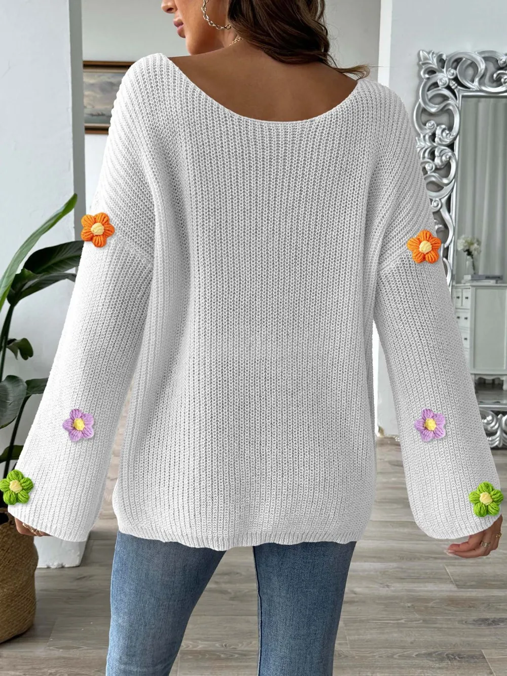 Flower Round Neck Long Sleeve Sweater, image 6