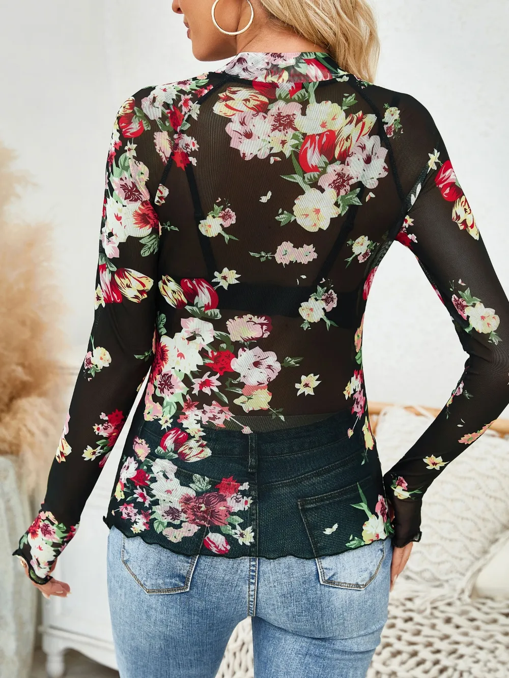 Floral Mock Neck Long Sleeve Top, image 22