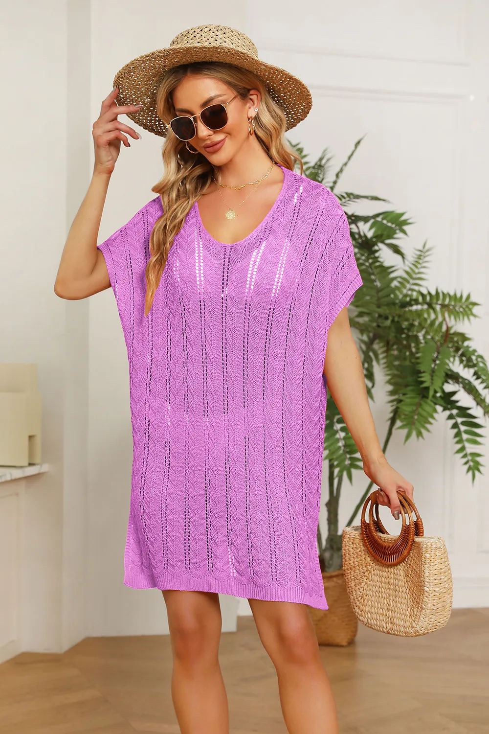 Openwork Short Sleeve Slit Knit Cover Up, image 7