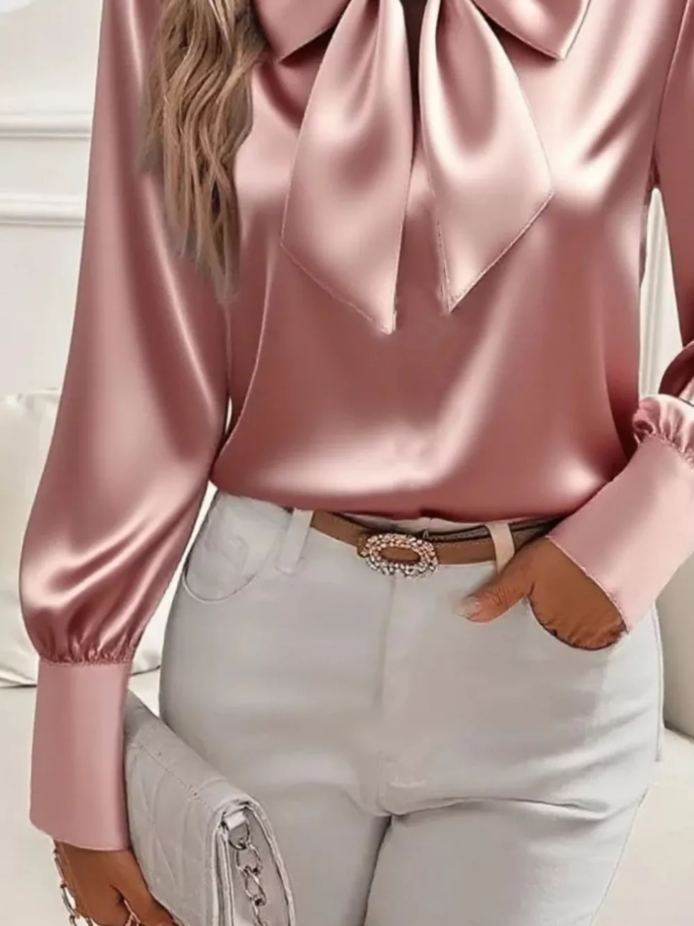 Satin Bow Tie Long Sleeve Top, image 7