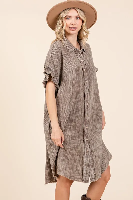 Mineral Wash Cotton Gauze Mini Shirt Dress, image 4