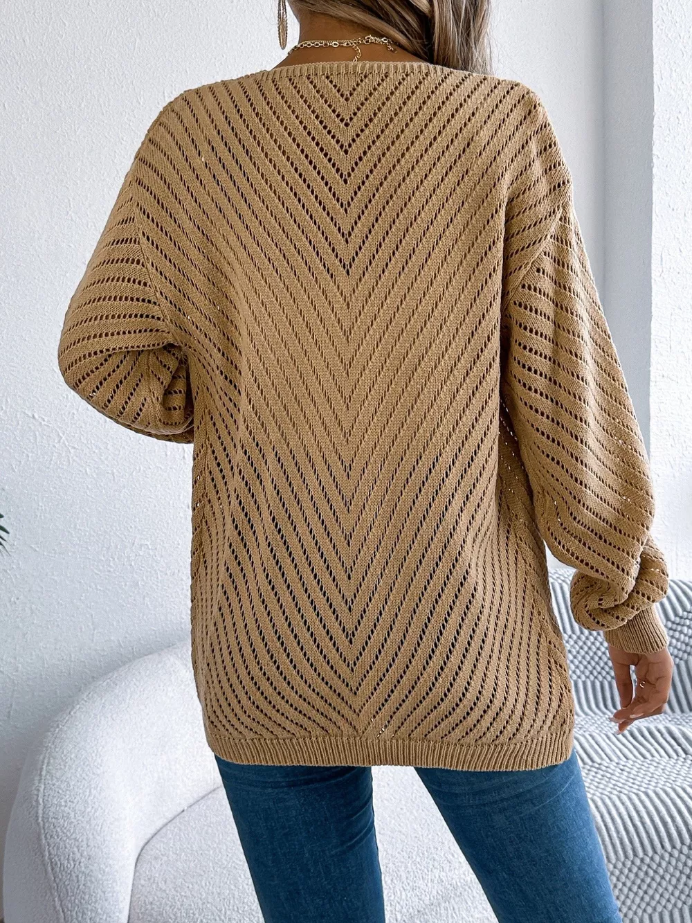 Openwork Open-Front Long Sleeve Cardigan, image 14