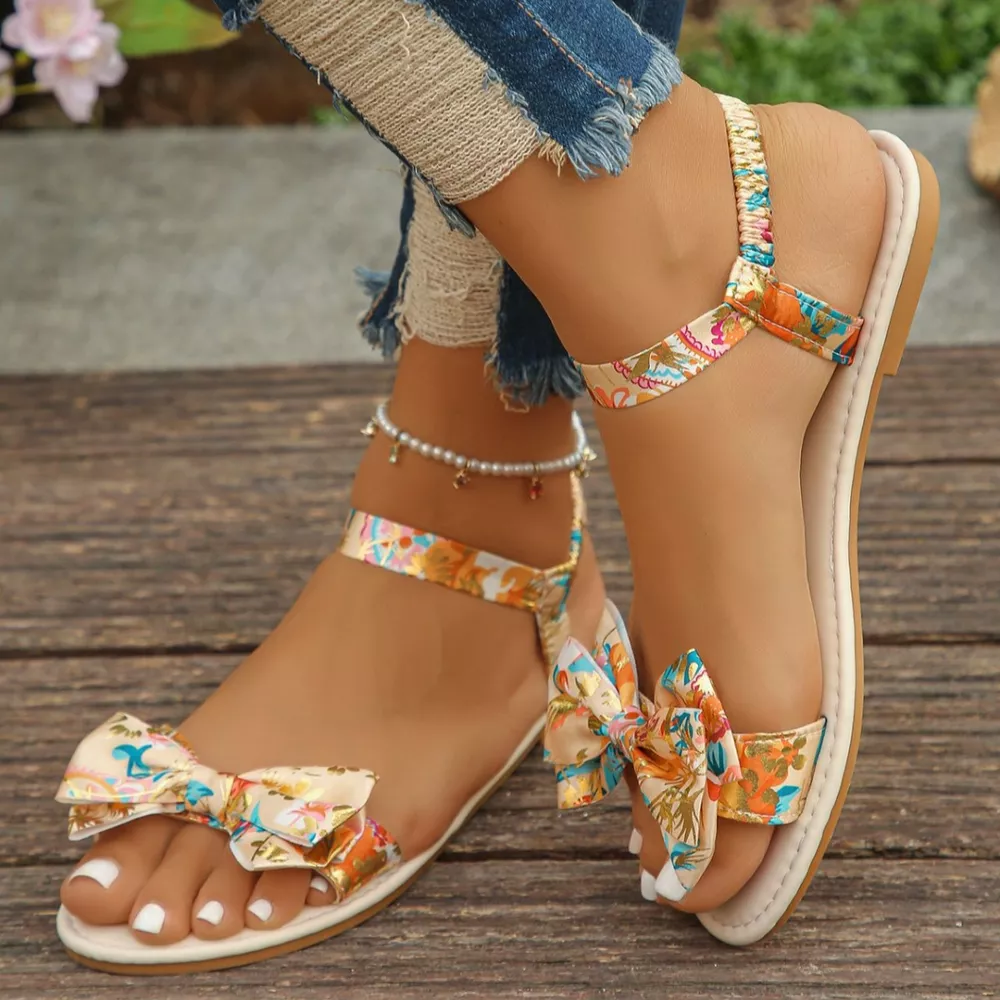 Floral Bowknot Ankle Strap Flat Sandals, image 6