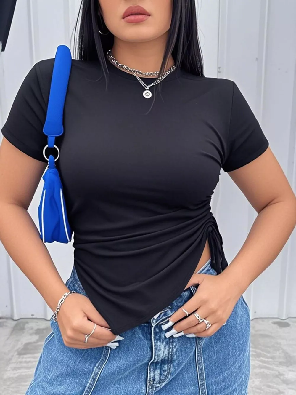 Plus Size Ruched Round Neck Short Sleeve T-Shirt, image 2