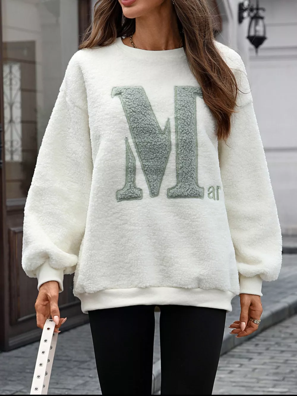 Letter Round Neck Fleece Sweatshirt, image 5