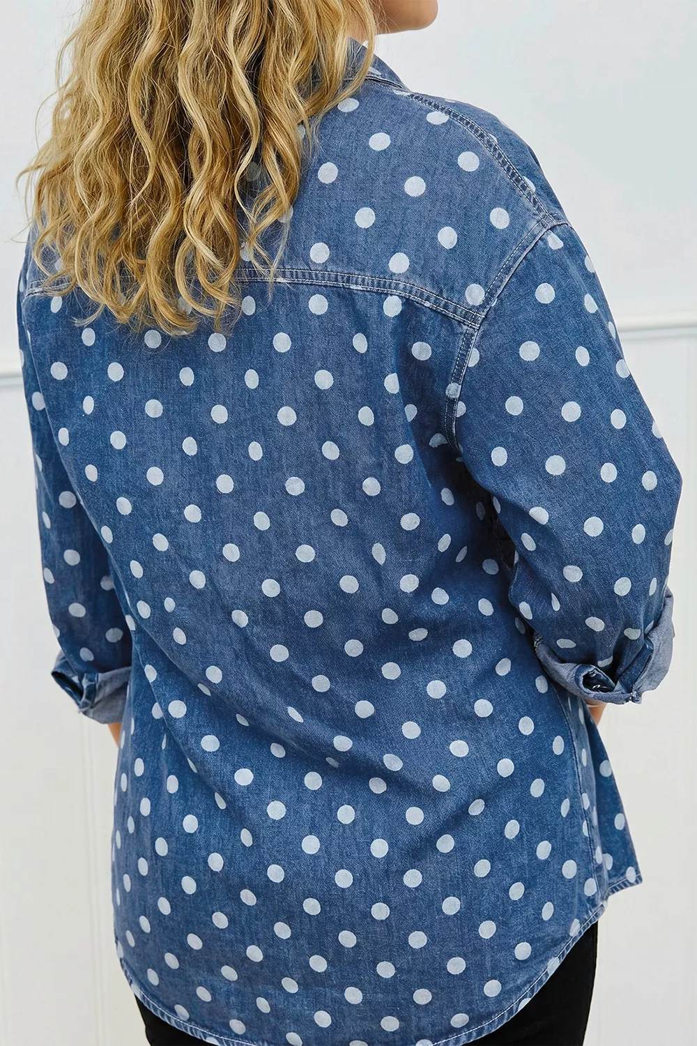 Polka Dot Long Sleeve Collar Shift Tunic Denim Jacket, image 2