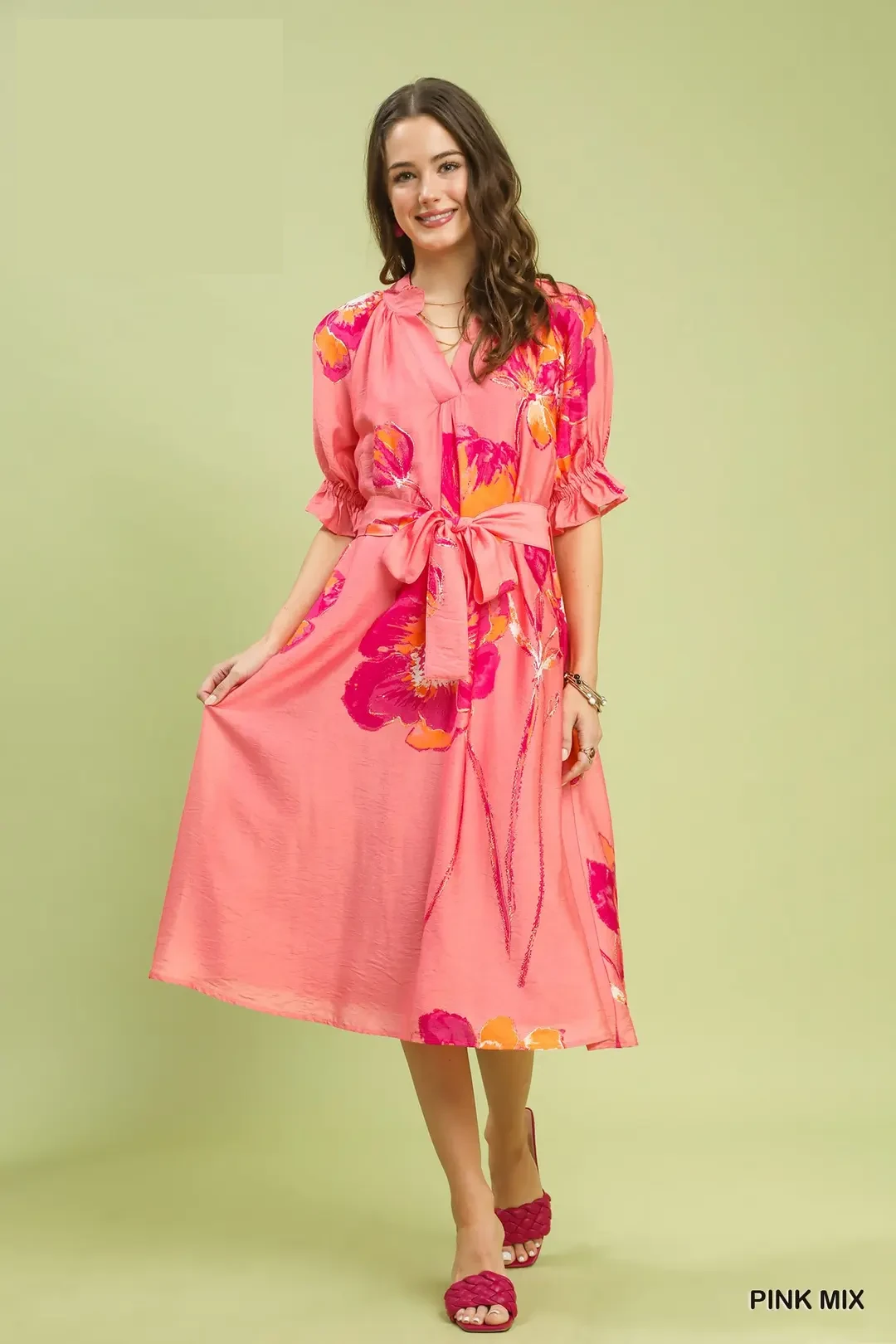 Floral Flounce Sleeve Midi Dress with Belted, image 2