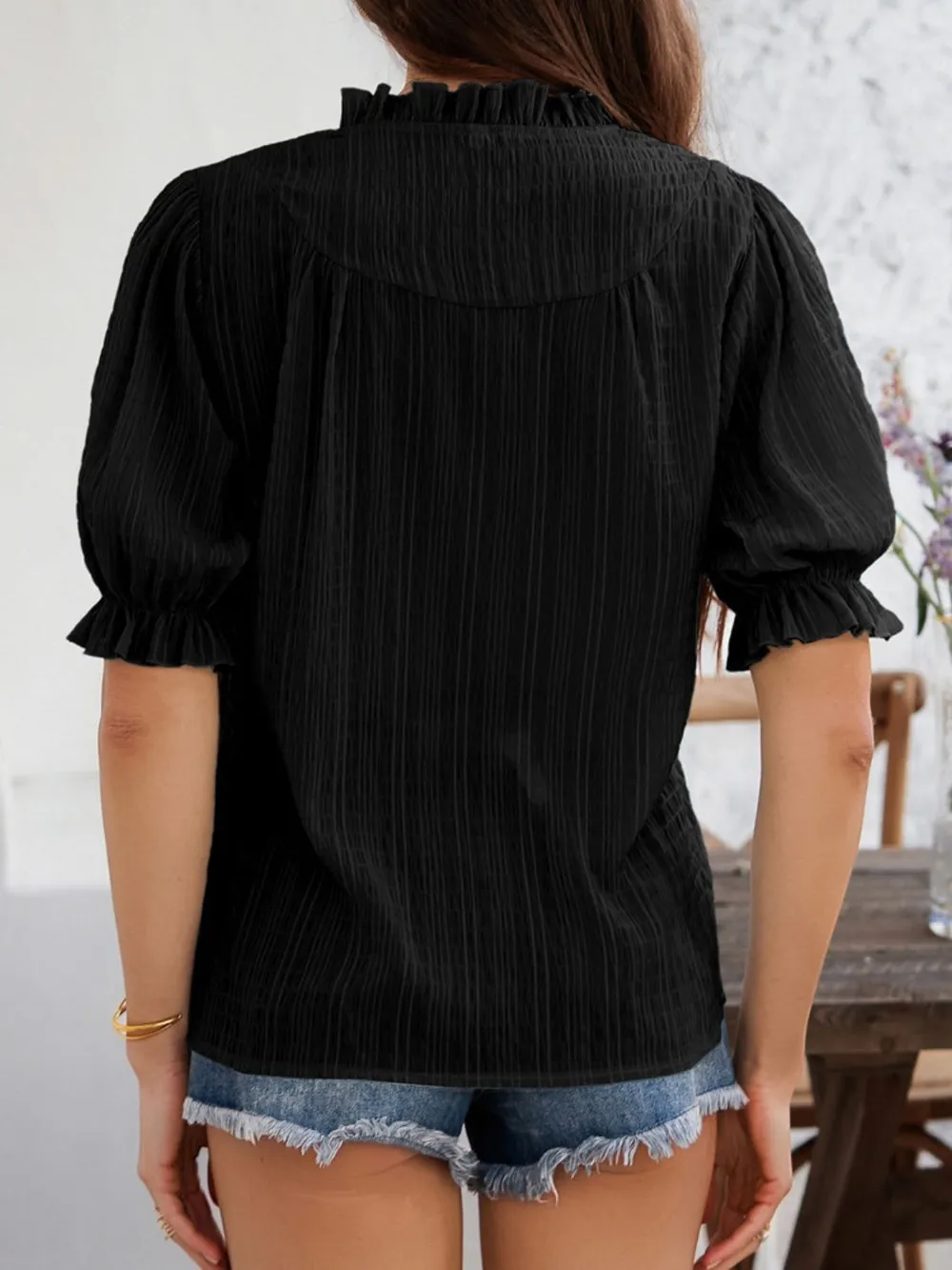 Frill Notched Short Sleeve Blouse, image 11