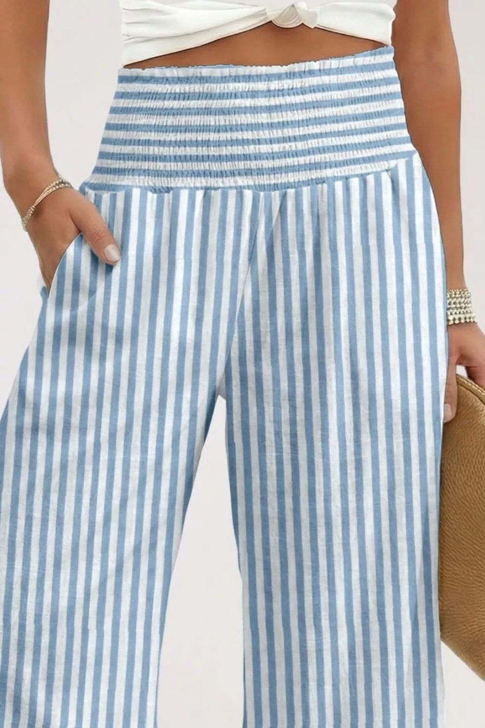 Striped Wide-Leg Pants with Smocked Waist, image 2