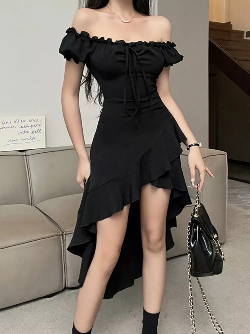 Off-Shoulder Ruffle Hem High-Low Dress