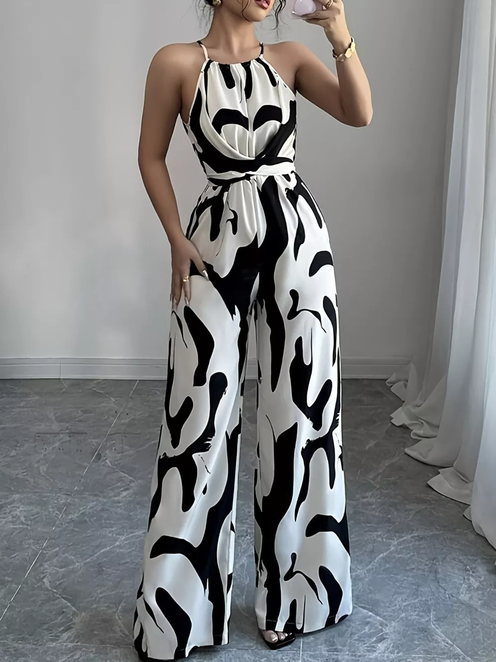 Abstract Print Sleeveless Wide Leg Jumpsuit