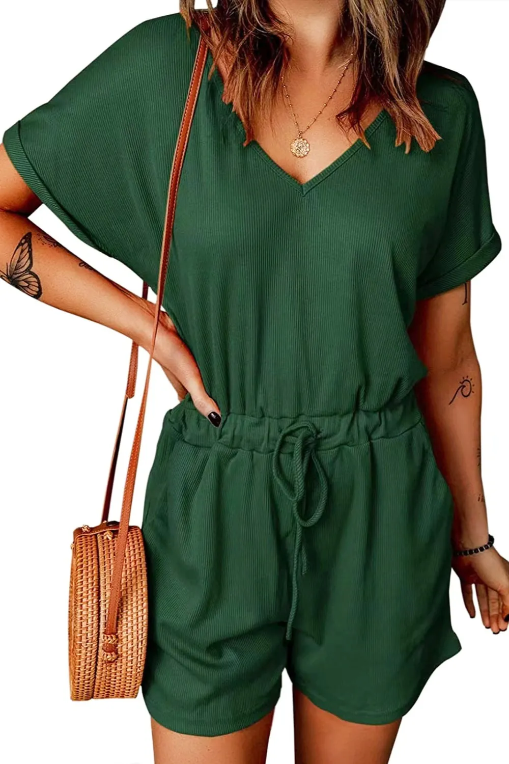 Full Size Drawstring V-Neck Short Sleeve Romper, image 10