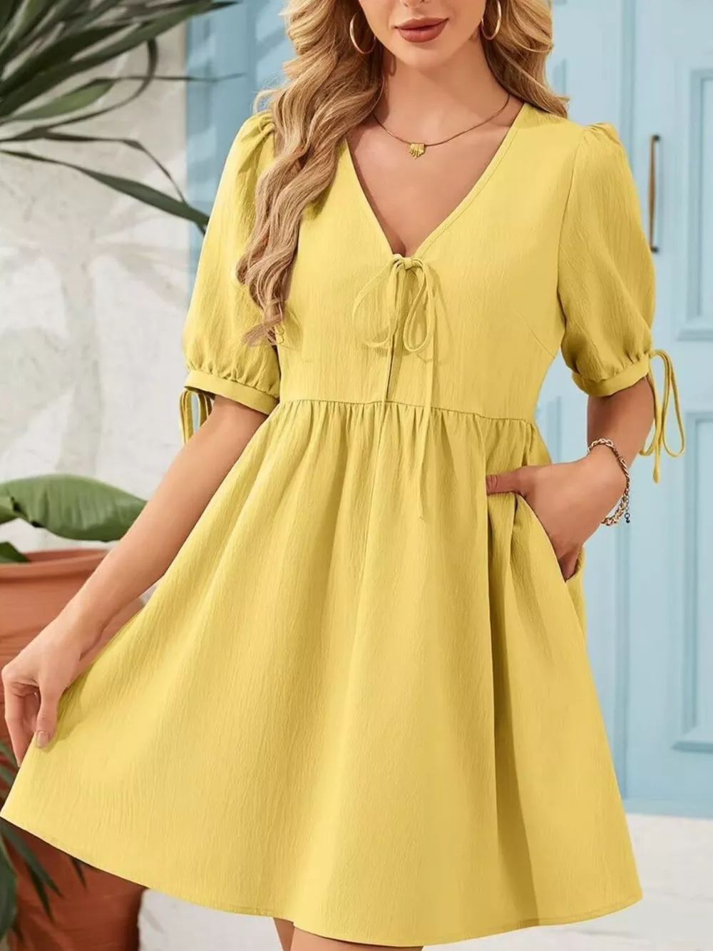 Tie-Neck Puff Sleeve A-Line Mini Dress, image 13