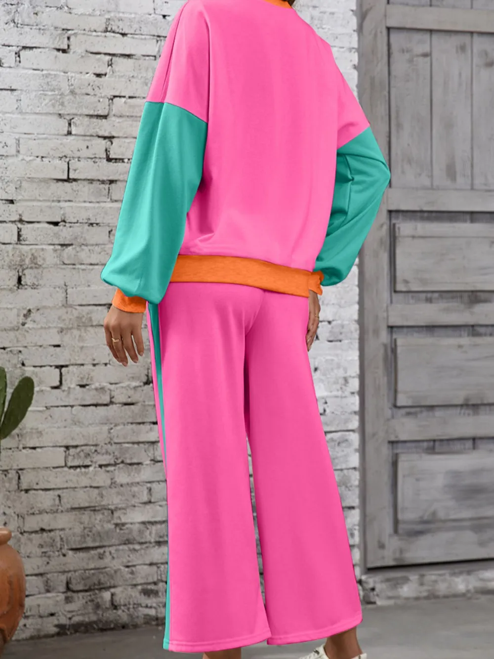 Color Block Round Neck Top and Pants Set, image 12