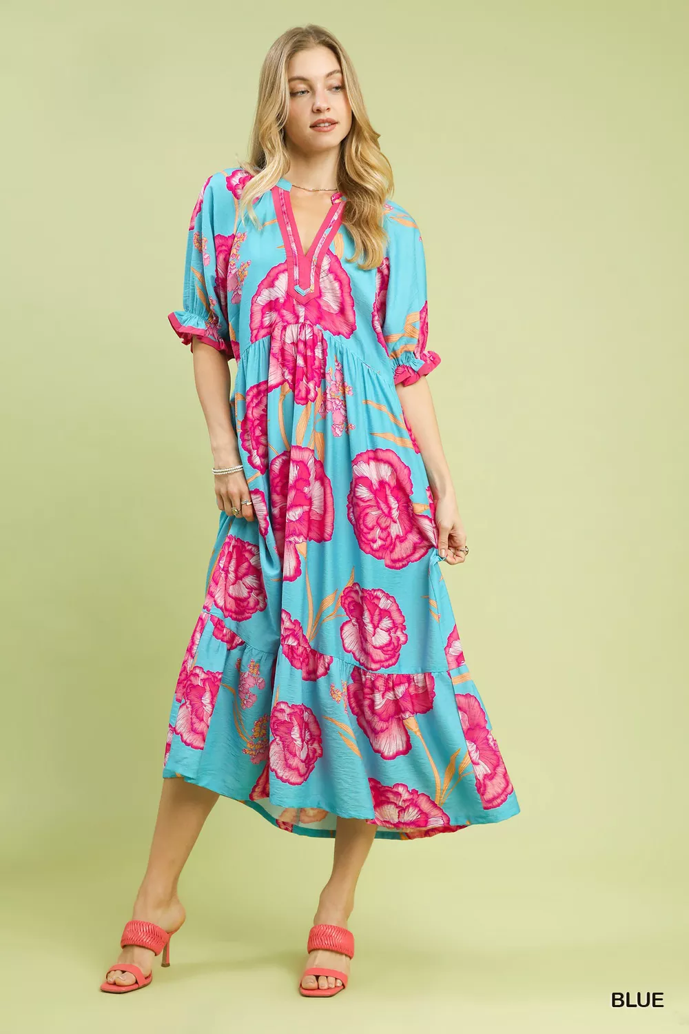 Floral Print Midi Dress with Contrast Trim