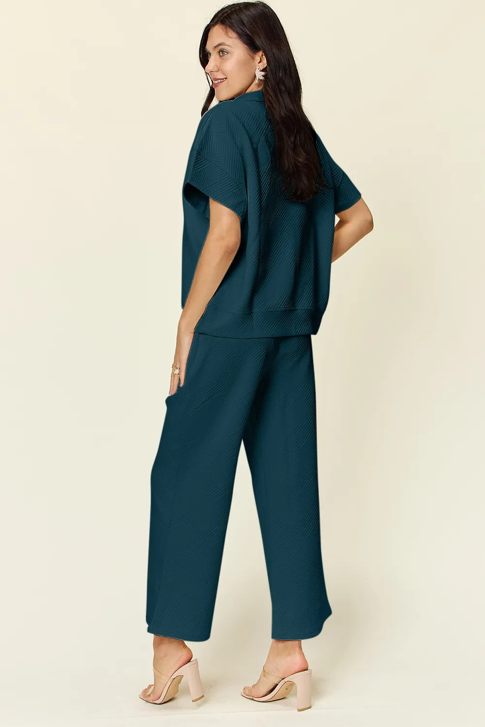 Full Size Texture Half Zip Short Sleeve Top and Pants Set, image 27
