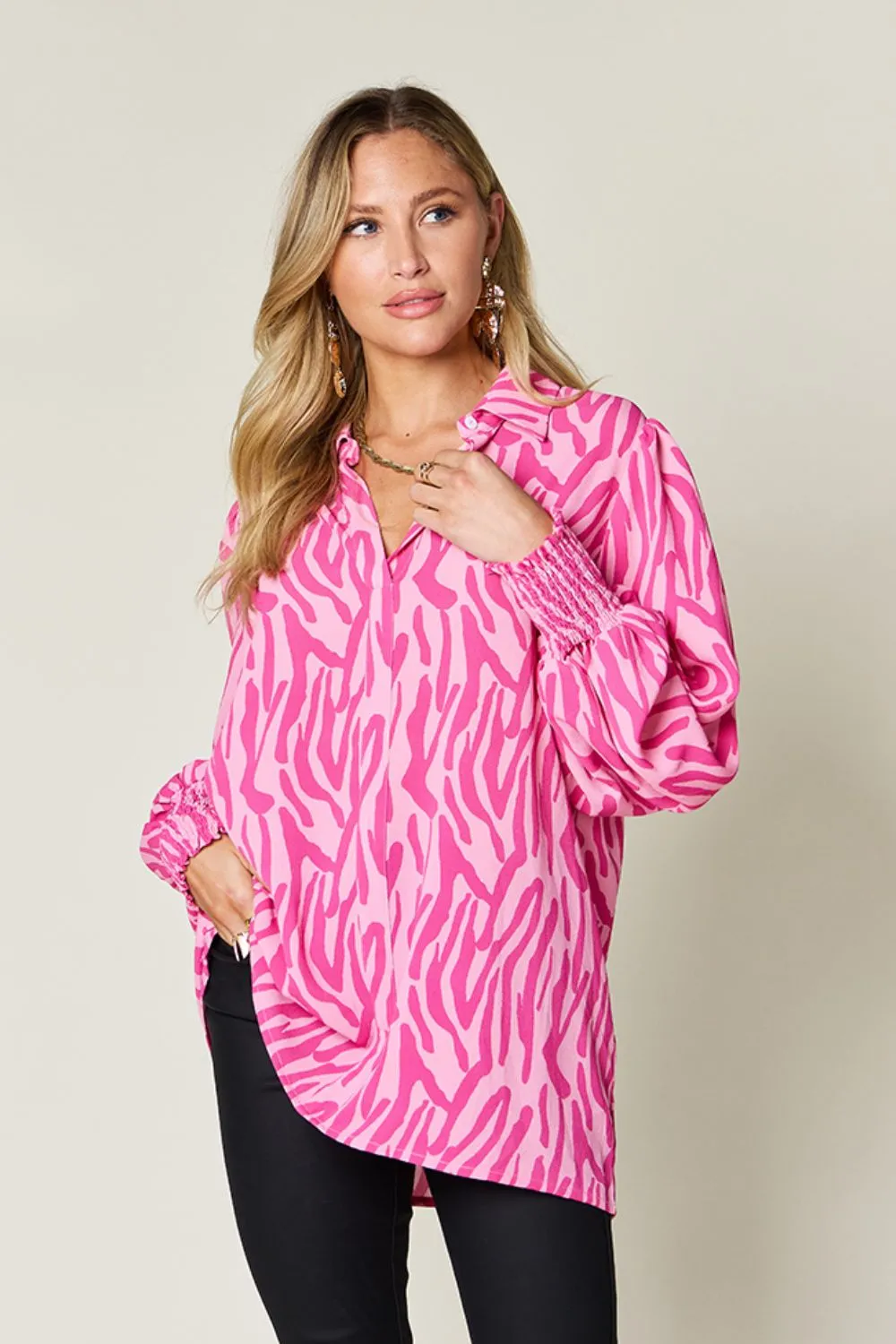 Full Size Printed Smocked Long Sleeve Blouse Plus Size, image 21