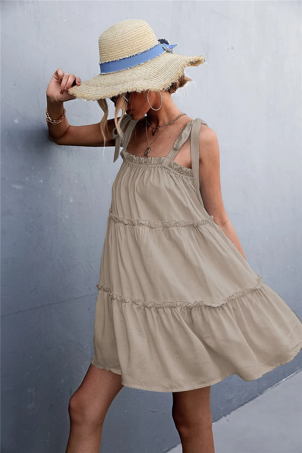 Frill Tiered Tie Shoulder Mini Cami Dress, image 4
