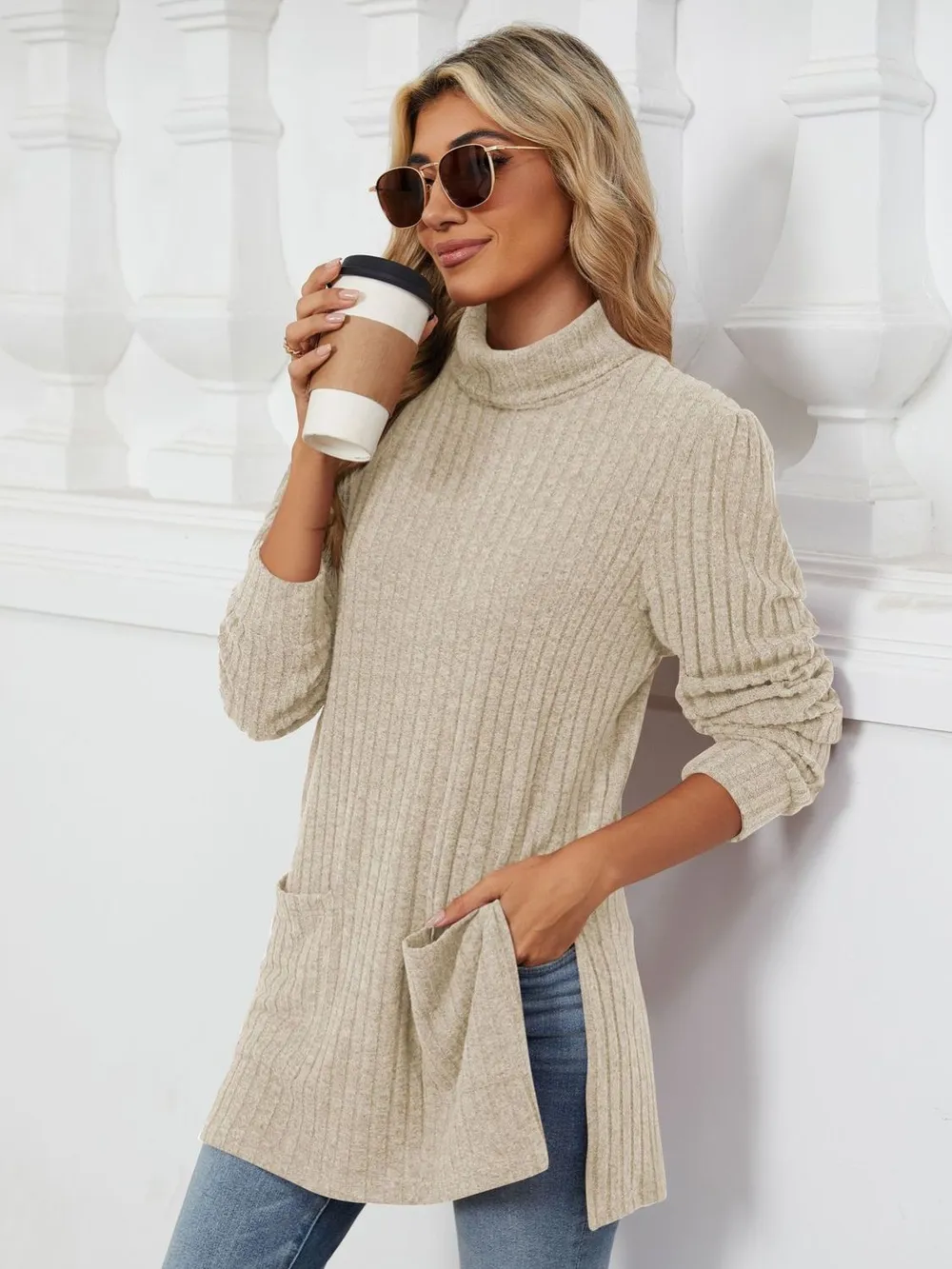 Slit Mock Neck Long Sleeve T-Shirt, image 14