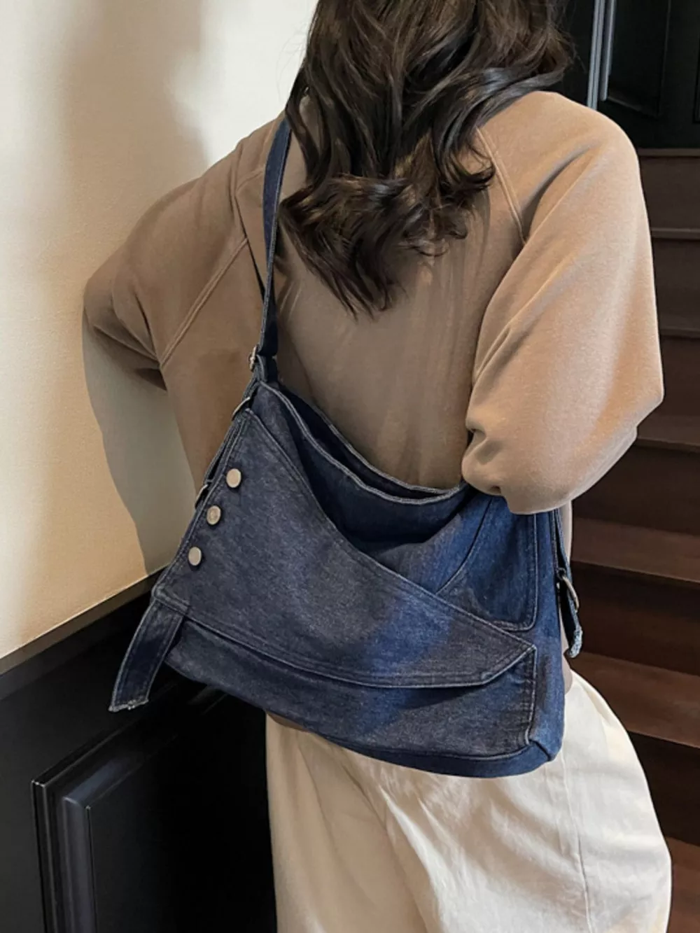 Casual Denim Crossbody Bag with Button Detail, image 2