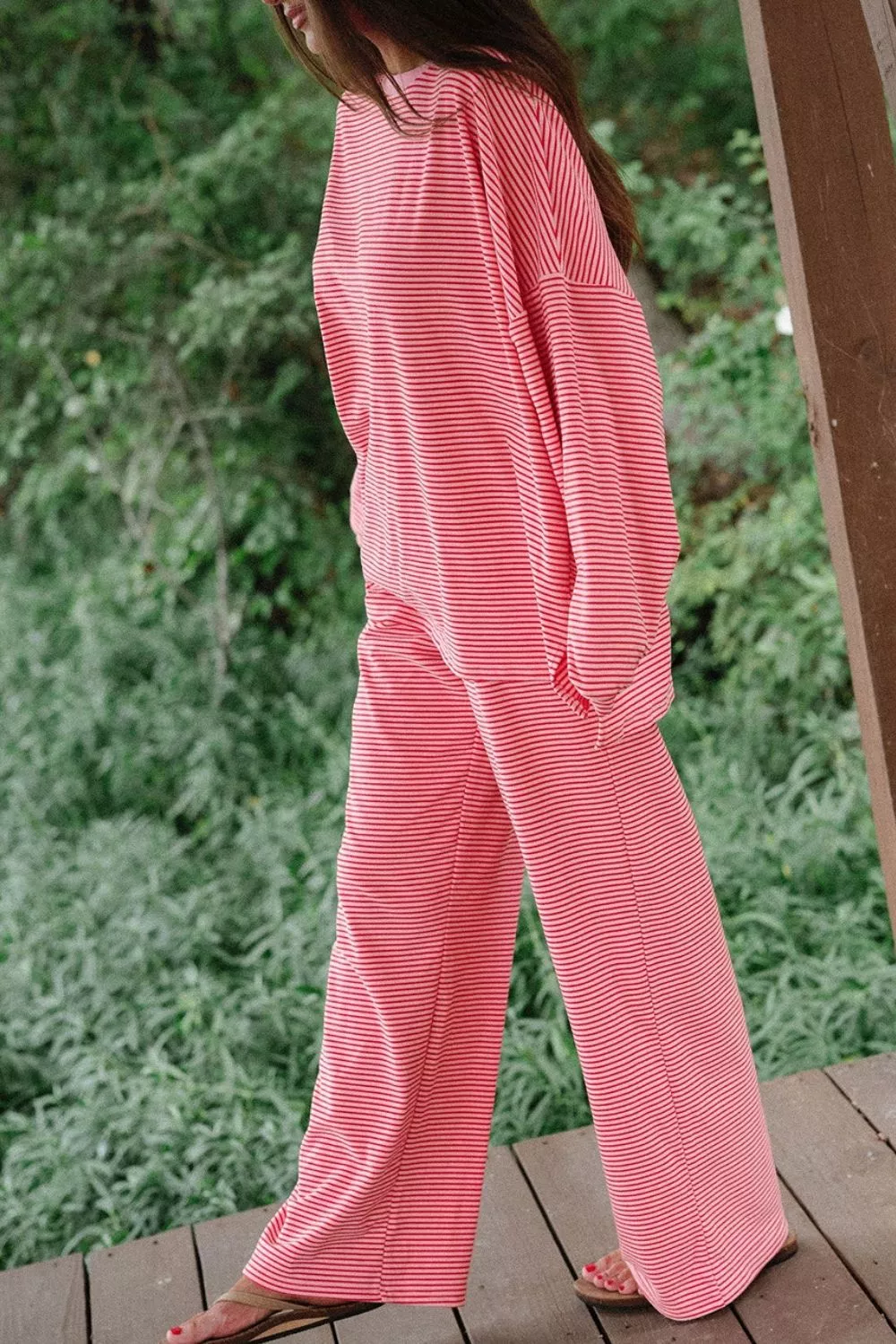 Striped Drop Shoulder Long Sleeve Top and Pants Set, image 3