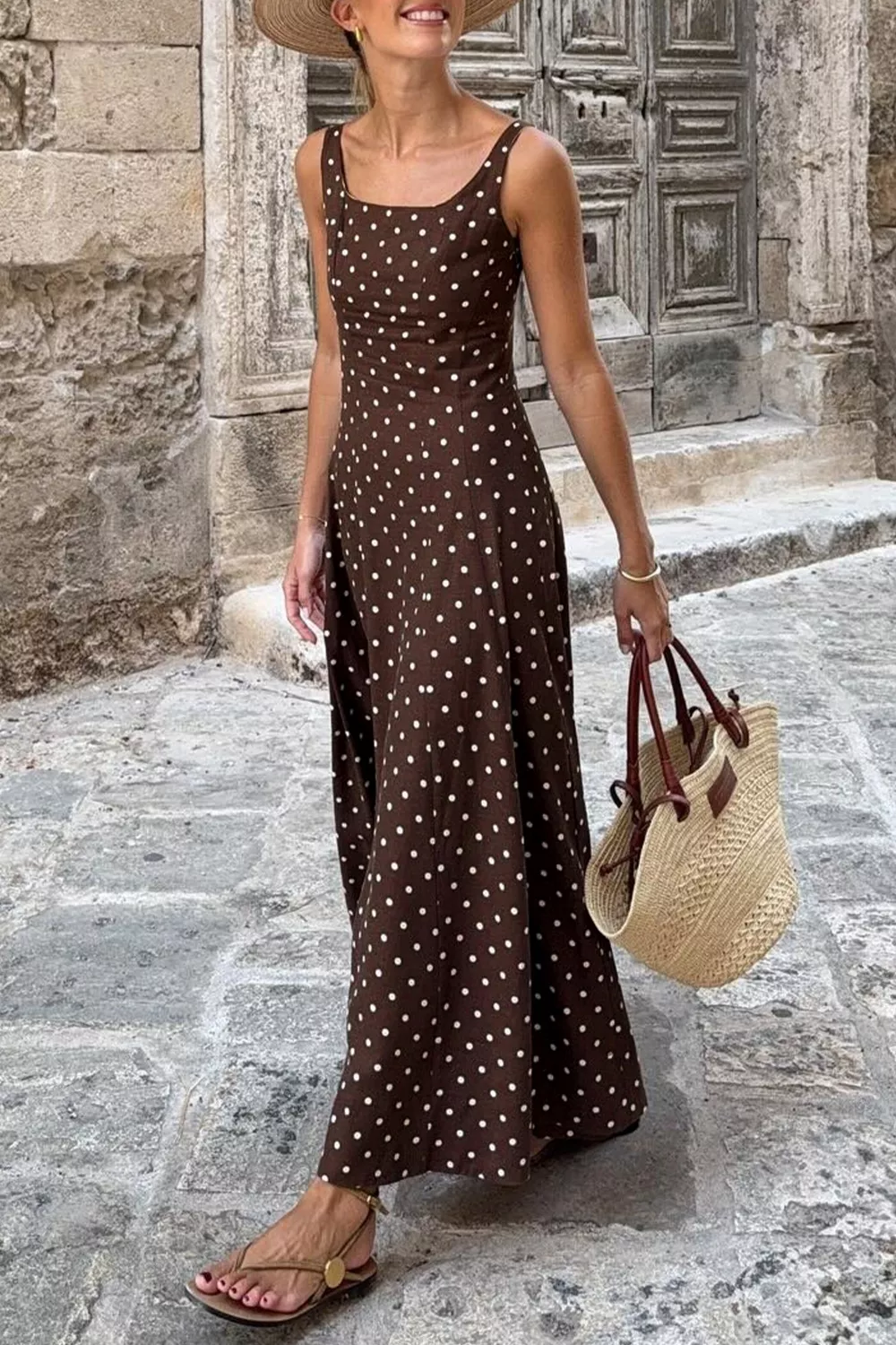 Polka Dot Print Square Neck Sleeveless Vacation Maxi Dress, image 3