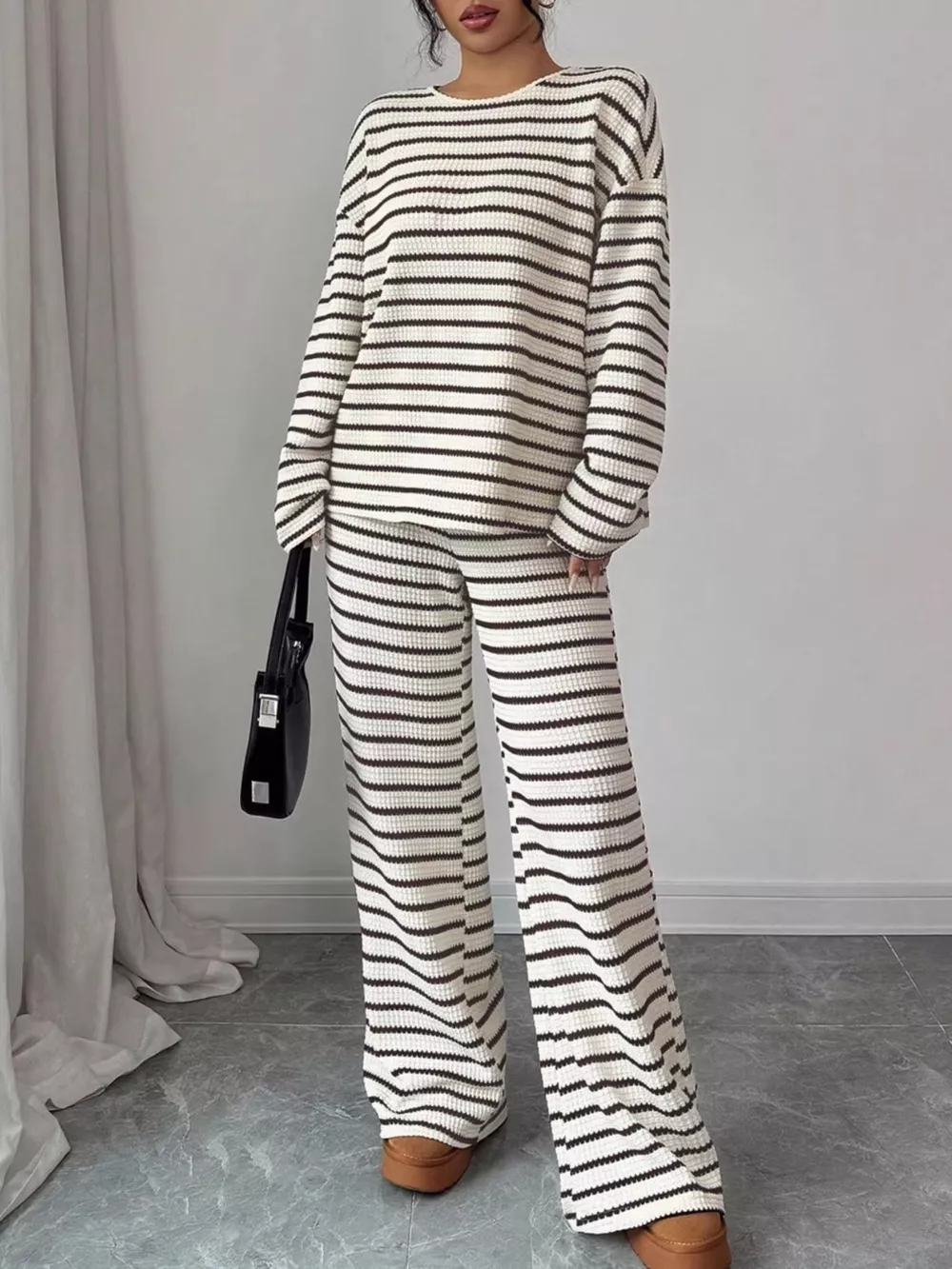 Striped Knit Dropped Shoulder Top and Pants Set, image 2
