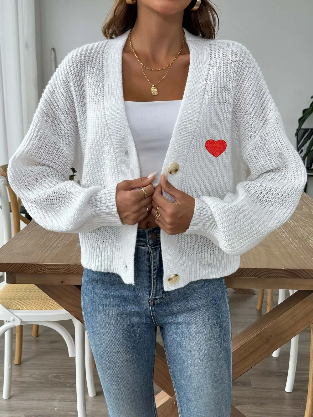 Heart Button Down V-Neck Long Sleeve Cardigan, image 6