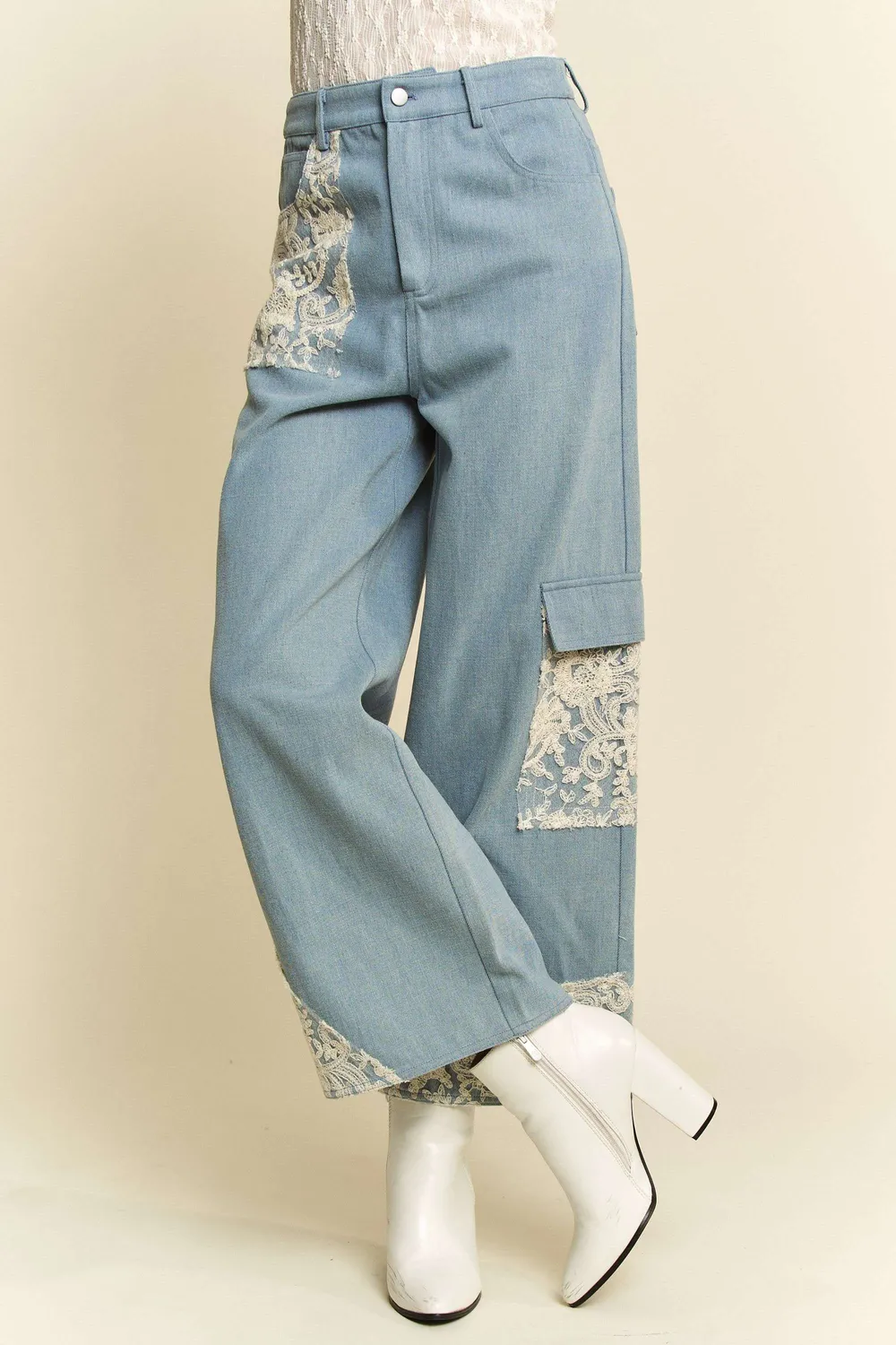 Lace Applique Wide Leg Jeans, image 6