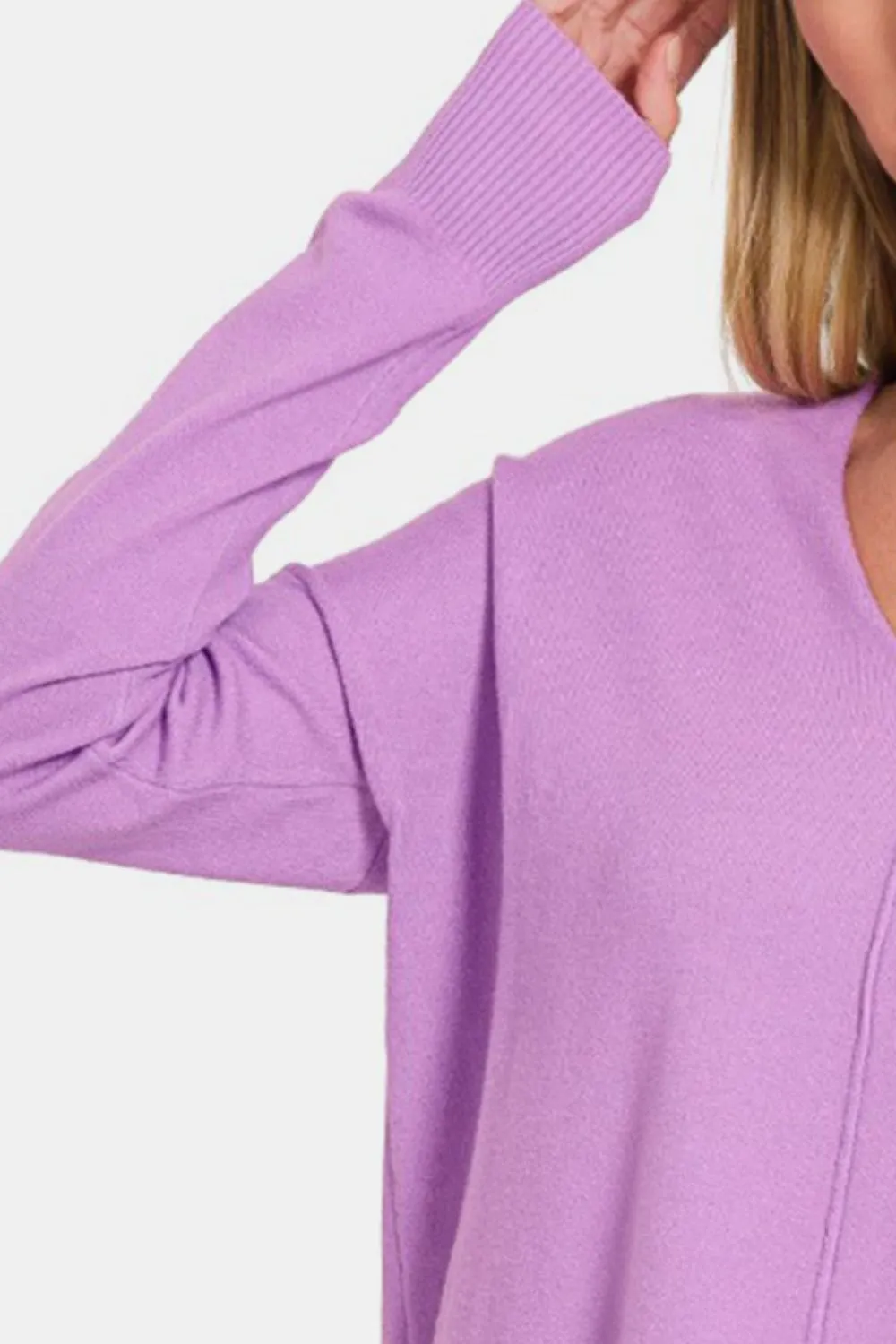 Slit V-Neck Dropped Shoulder Sweater, image 2