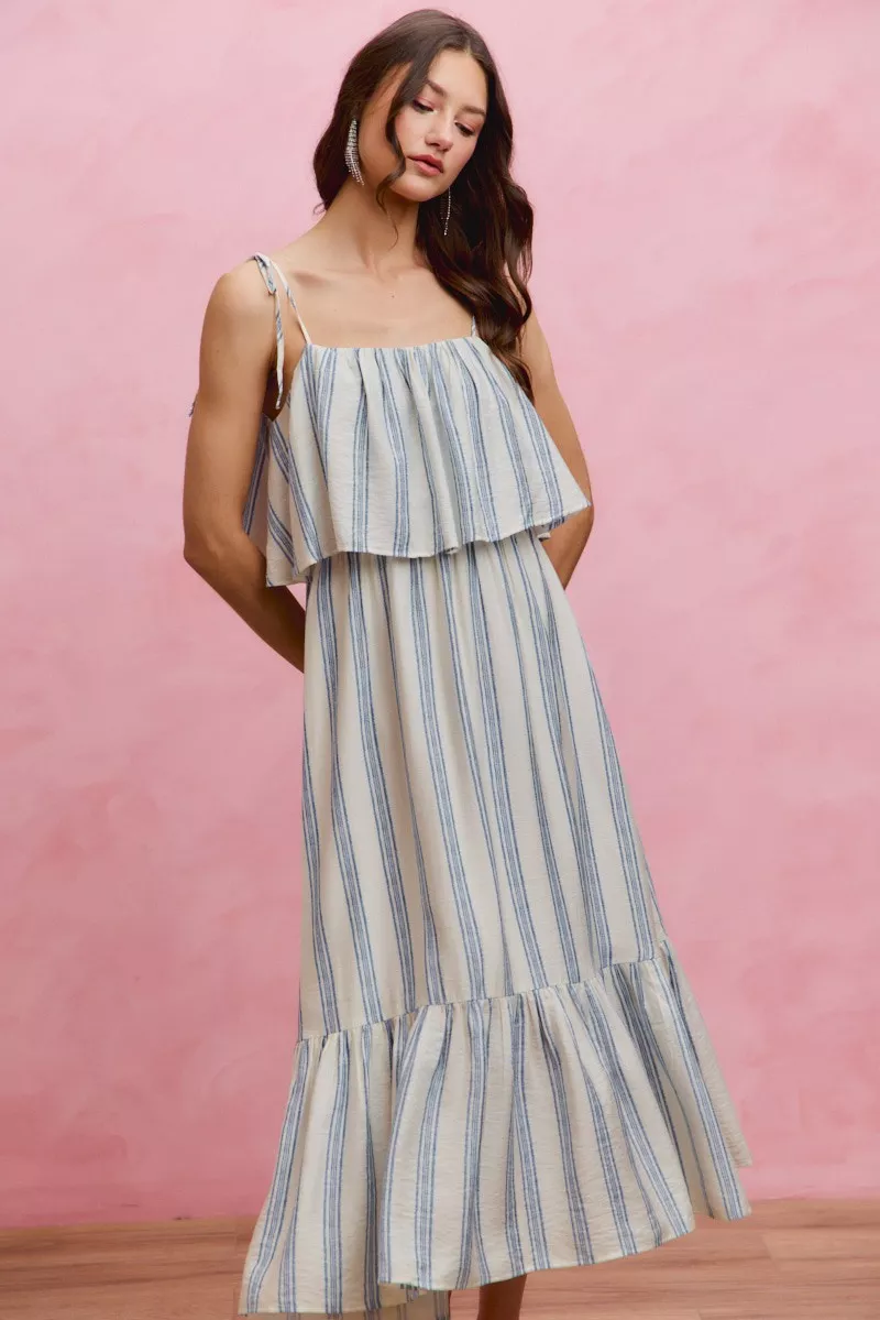 Stripe Tiered Shoulder Tie Midi Lined Dress, image 8