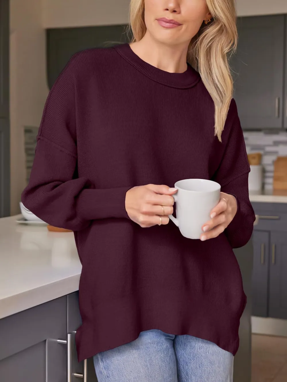 Slit Round Neck Dropped Shoulder Sweater, image 9