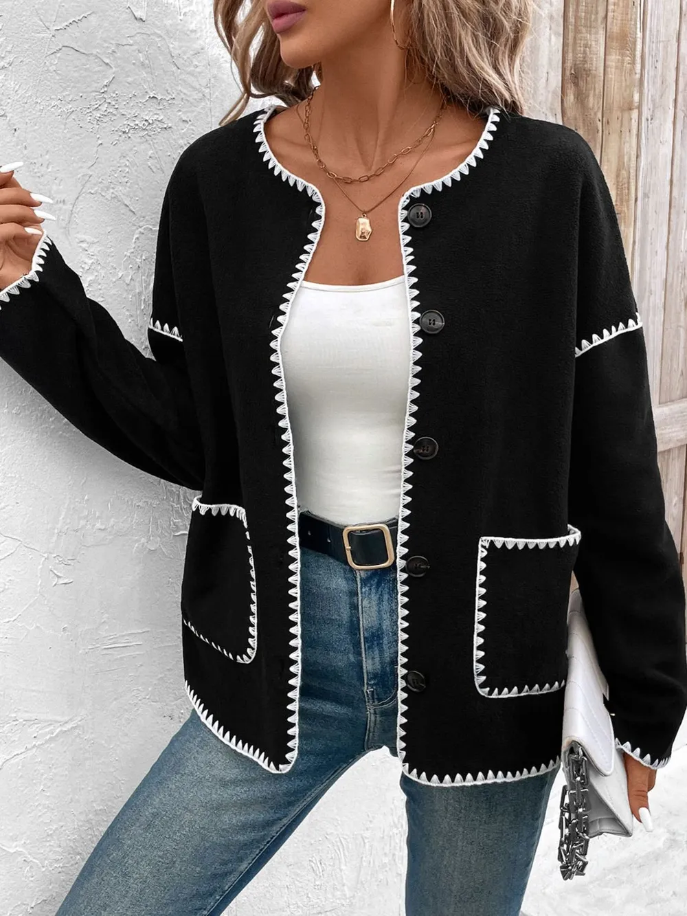 Pocketed Contrast Button Up Jacket, image 4