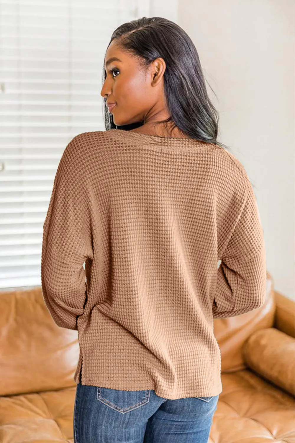 Slit Waffle Knit Long Sleeve T-Shirt, image 7