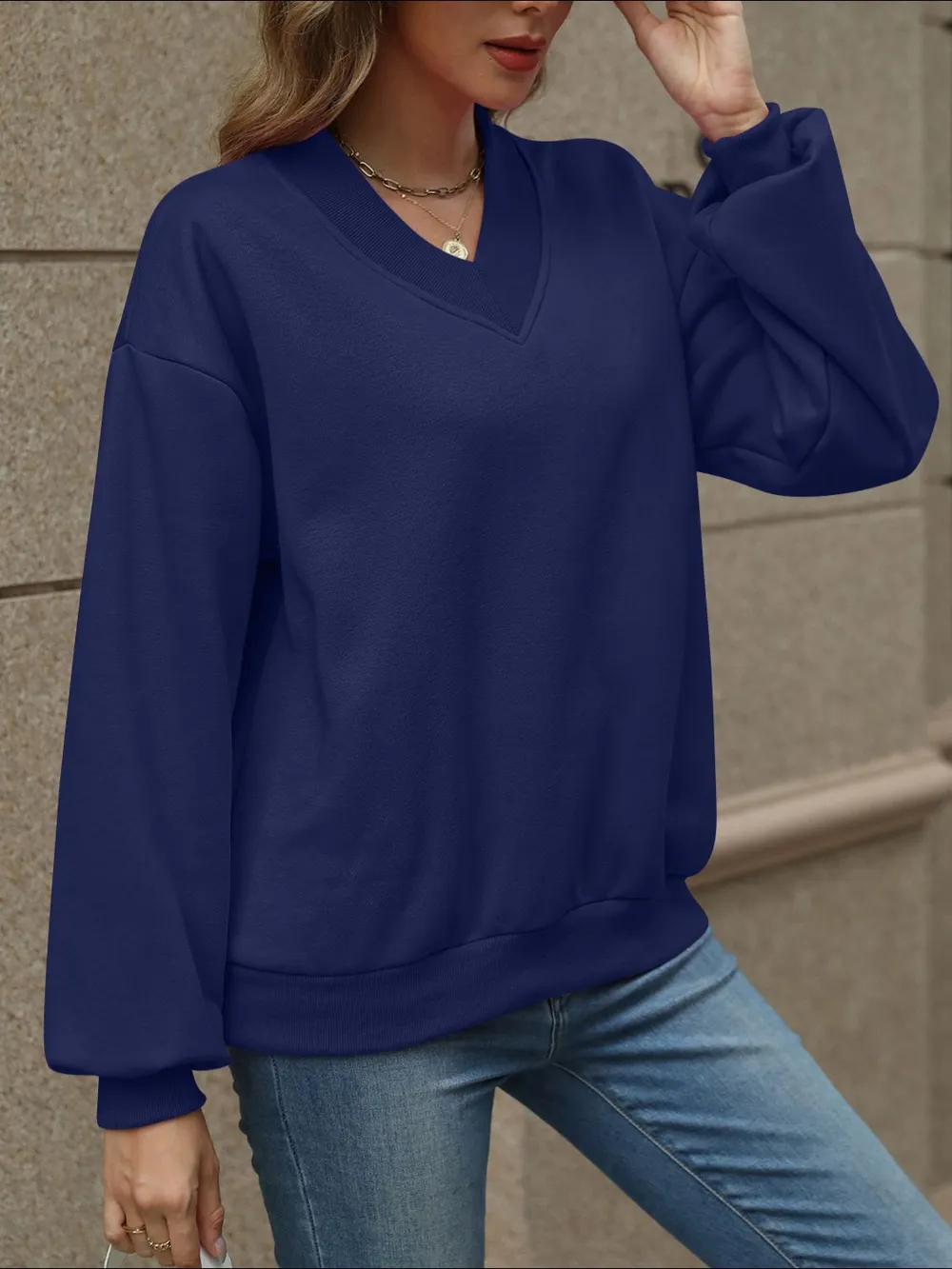 V-Neck Long Sleeve Dropped Shoulder Sweatshirt, image 28