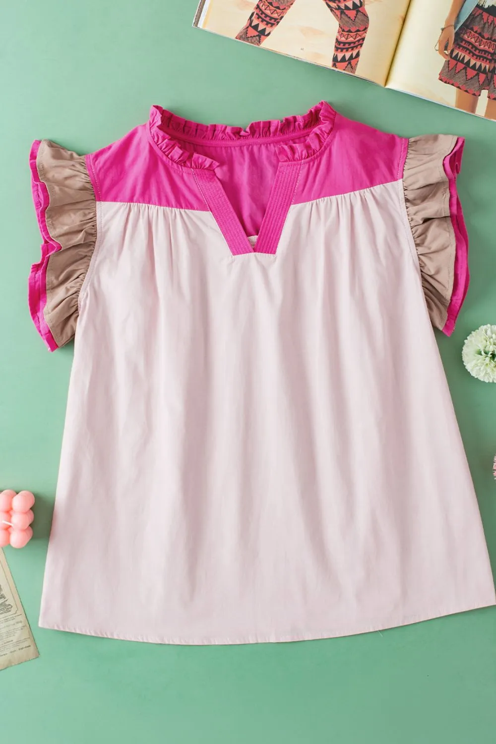 Color Block Notched Ruffled Cap Sleeve Blouse, image 11