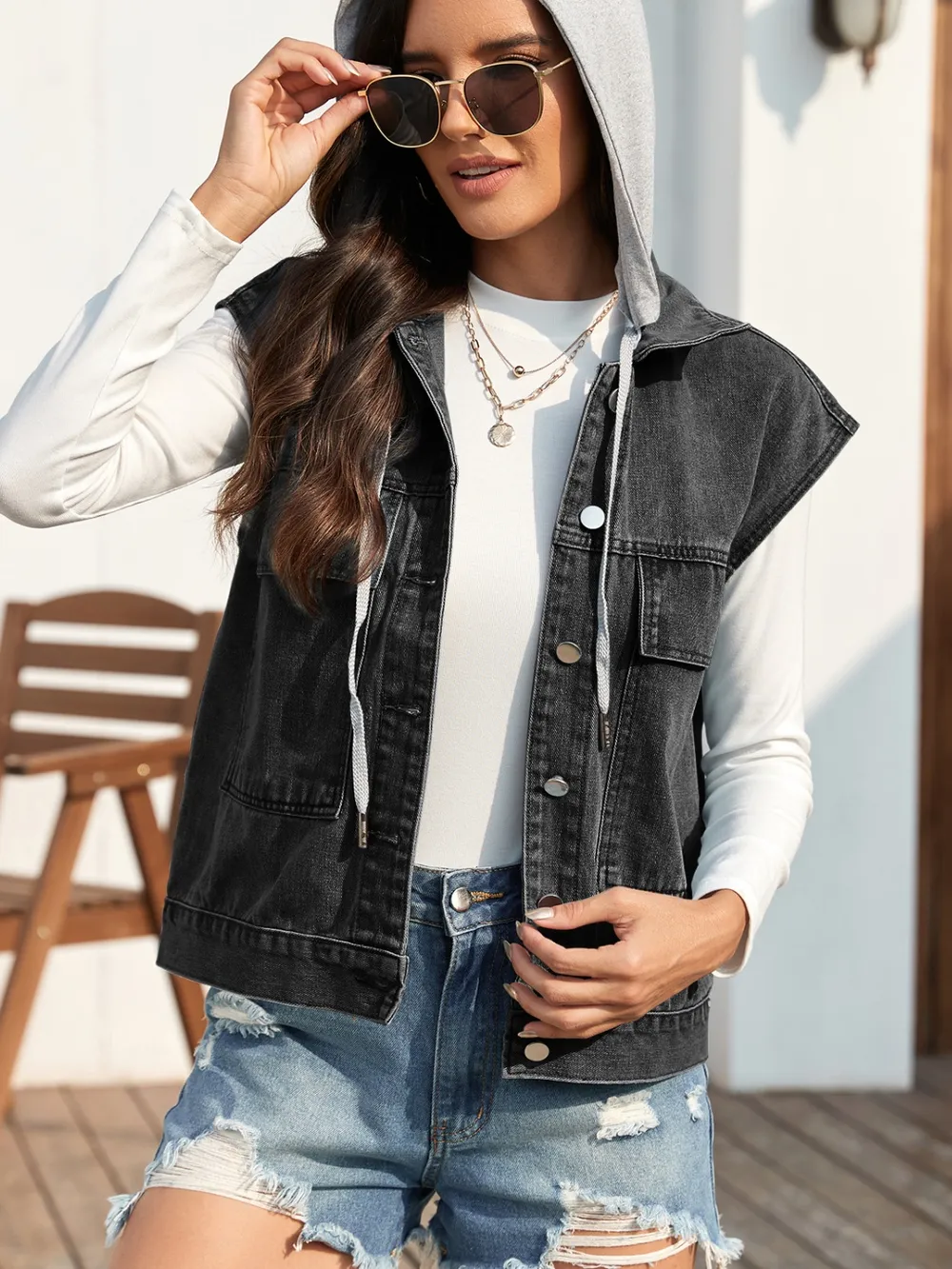 Drawstring Button Up Sleeveless Denim Jacket, image 8