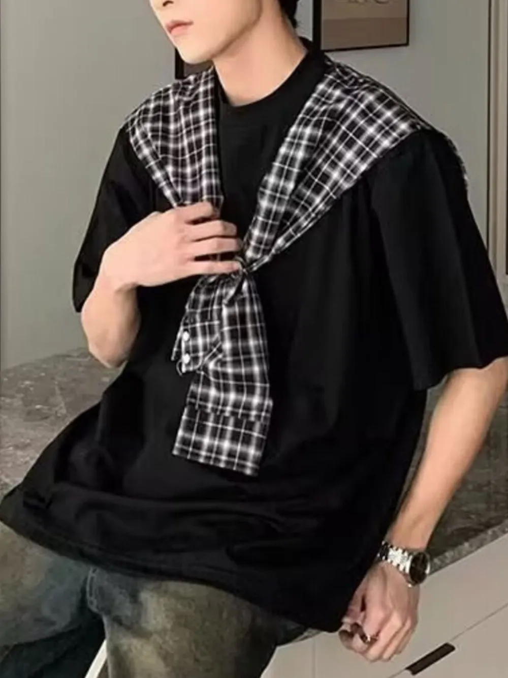 Men's Full Size Oversized T-Shirt with Plaid Shawl Plus Size, image 3
