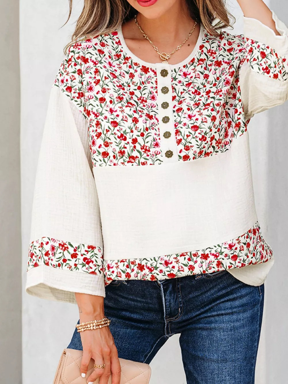 Floral Print Henley Button 3/4 Sleeve Blouse, image 6