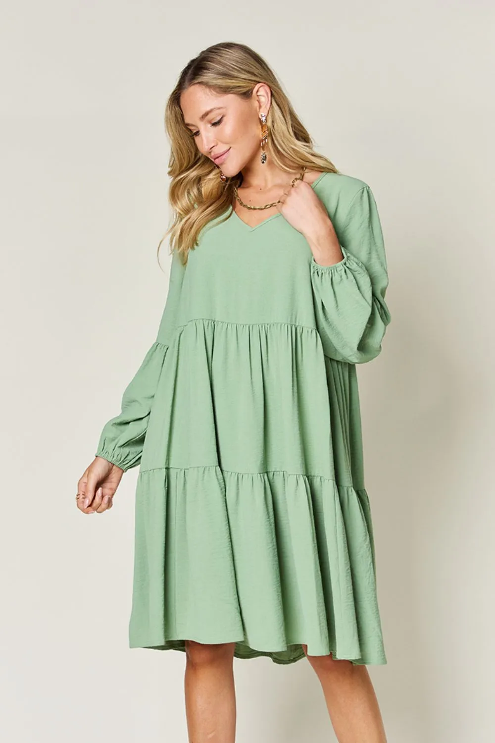 Full Size V-Neck Balloon Sleeve Tiered Dress with Pockets, image 20