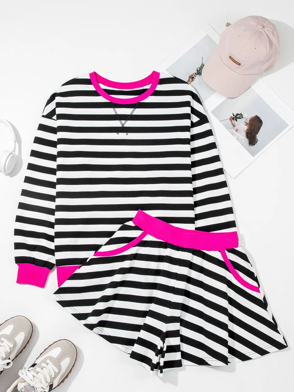 Stripe Contrast Ribbed Banding Long Sleeve Blouse and Loose Shorts Set, image 6