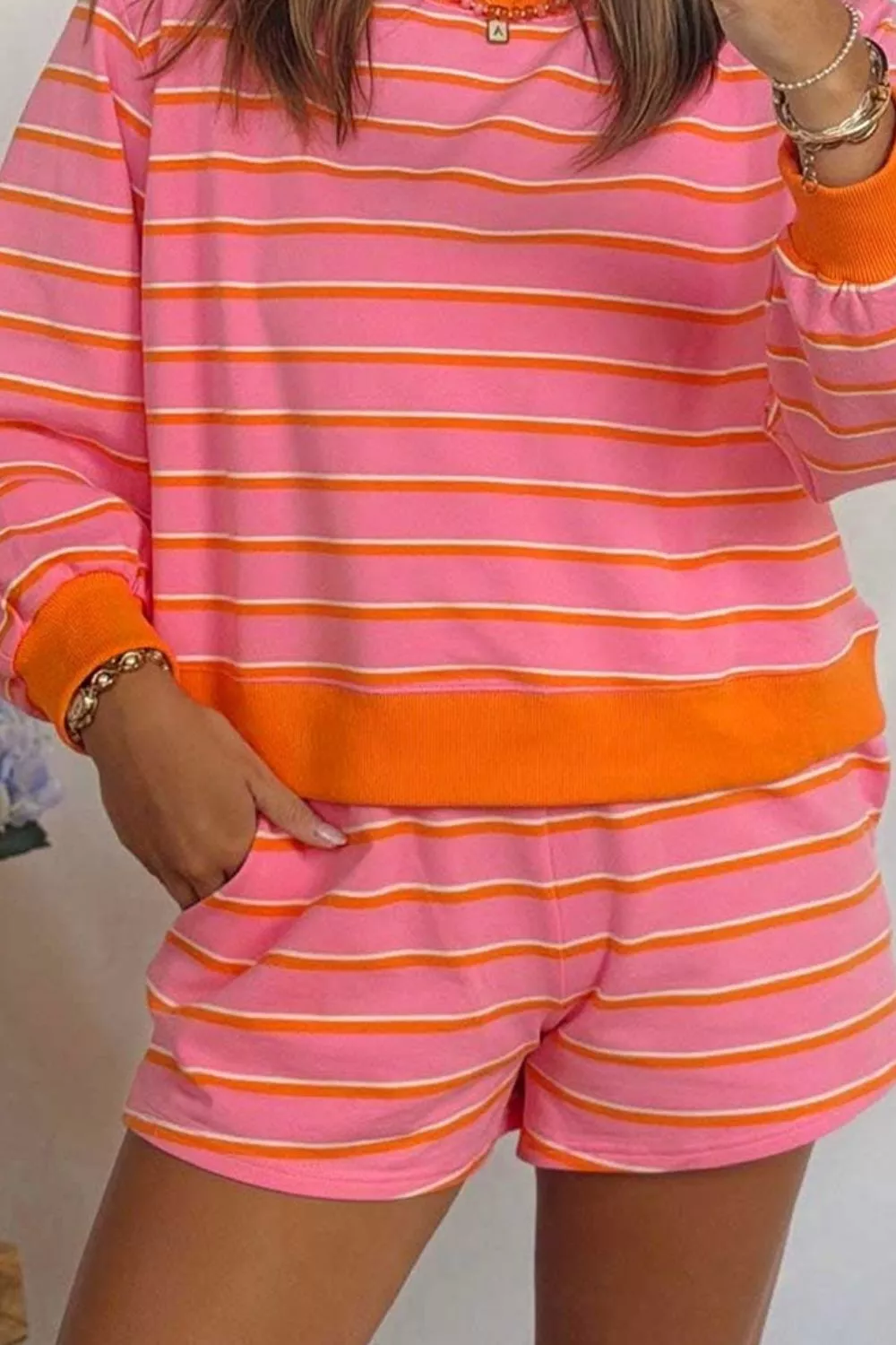 Stripe Color Block Trim Long Sleeve Pullover Pocketed Shorts 2pcs Set, image 3