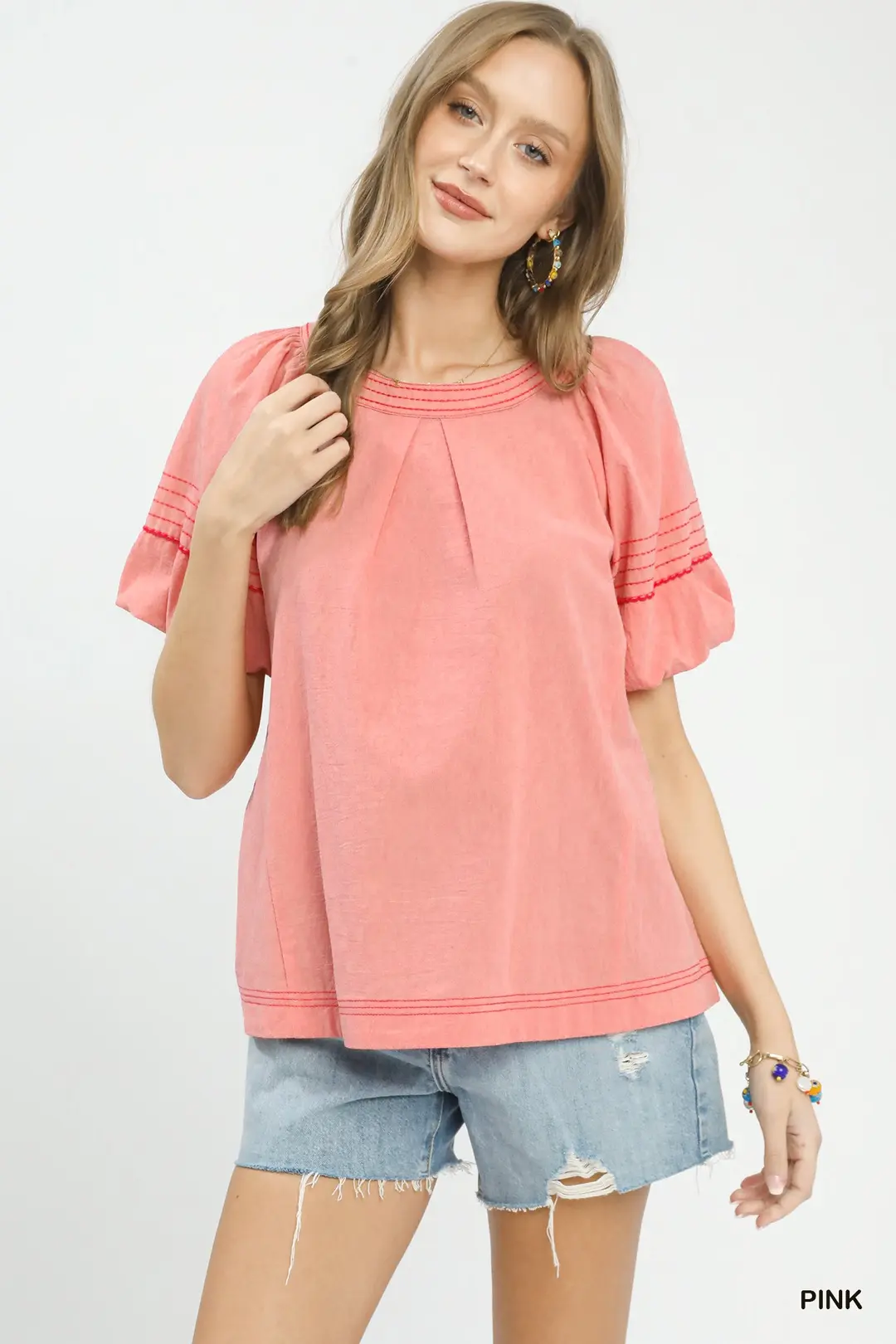 Round Neck Puff Sleeve Top with Contrast Stitch Detail