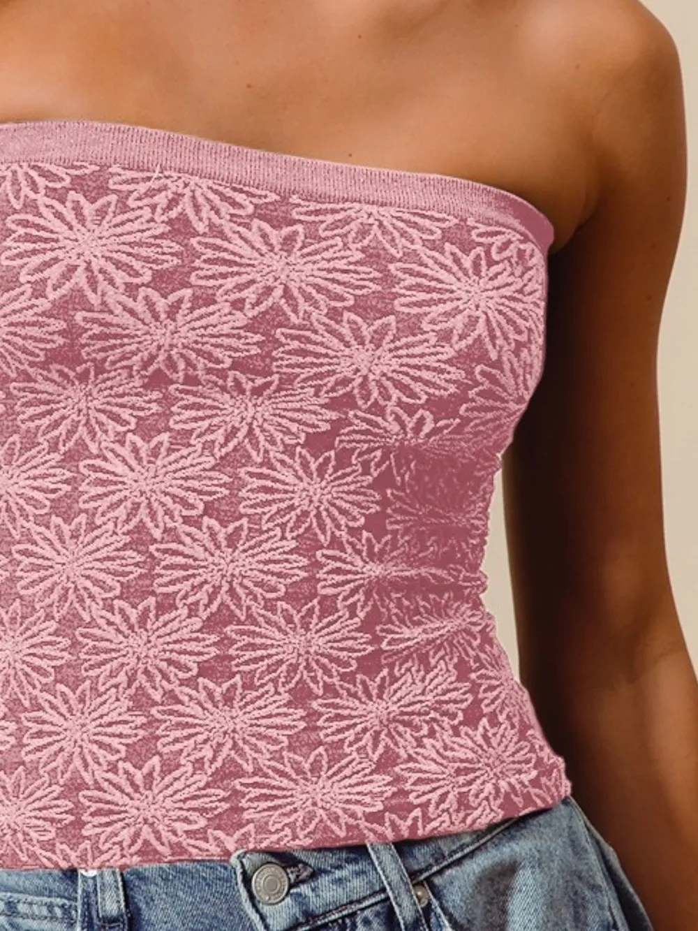 Jacquard Floral Two Tone Seamless Tube Top, image 2