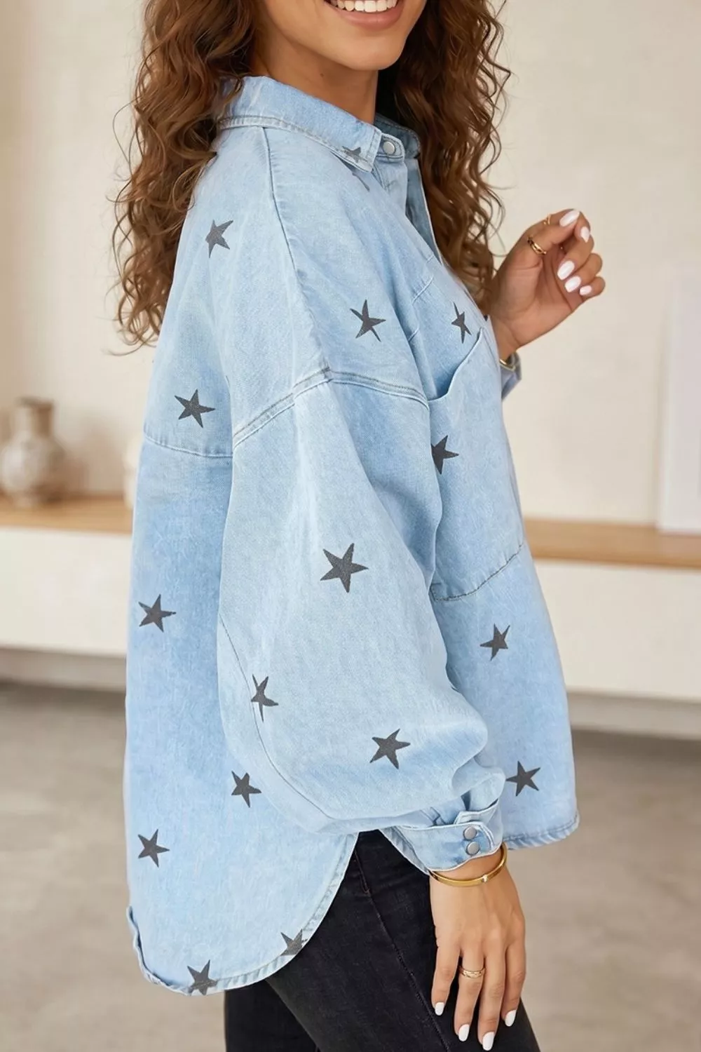 Light Wash Star Print Denim Jacket, image 2