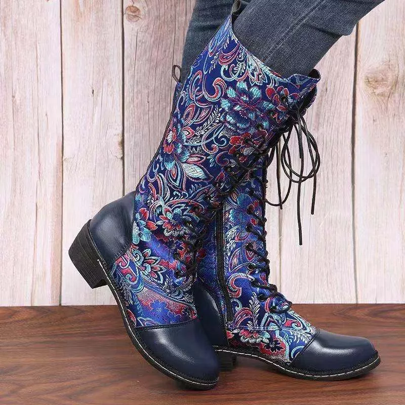 Embroidered Lace-Up Block Heel Boots, image 9